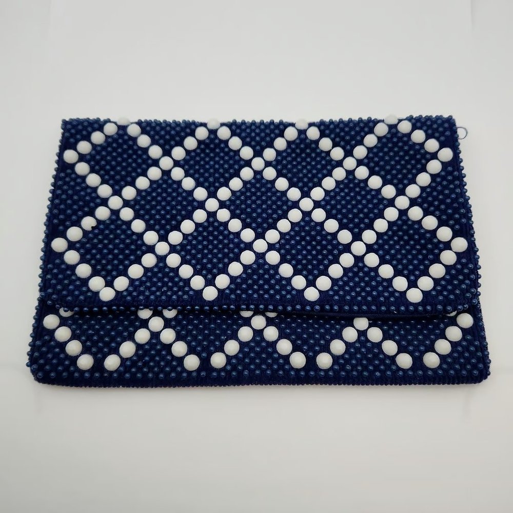 Vintage Beaded Clutch Bag, Designed by Mr. Jonas, Blue & White, Hong Kong